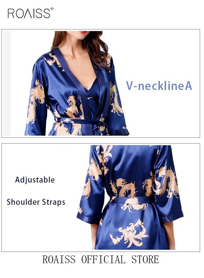 roaiss Plus Size Slip Dress and Robe for Ladies Silk Dragon Pattern Pajamas Bathrobe gift for Girlfriend Wife Summer Loungewear Nightwear for Women  - Image 2