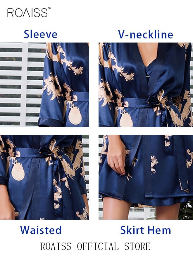 roaiss Plus Size Slip Dress and Robe for Ladies Silk Dragon Pattern Pajamas Bathrobe gift for Girlfriend Wife Summer Loungewear Nightwear for Women  - Image 3
