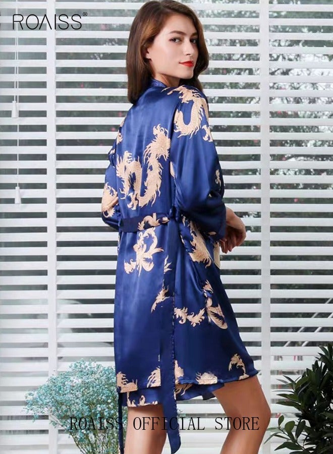 roaiss Plus Size Slip Dress and Robe for Ladies Silk Dragon Pattern Pajamas Bathrobe gift for Girlfriend Wife Summer Loungewear Nightwear for Women  - Image 1