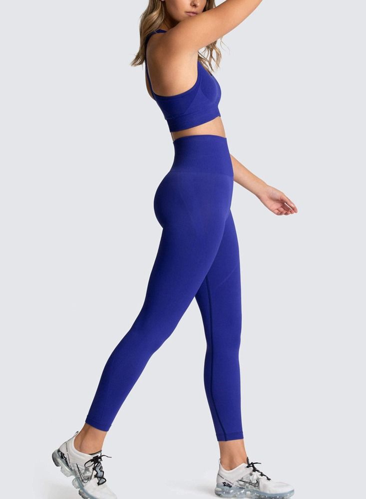 Loquat Fitness Back Bra Solid Color Sports Set Navy Blue  - Image 2