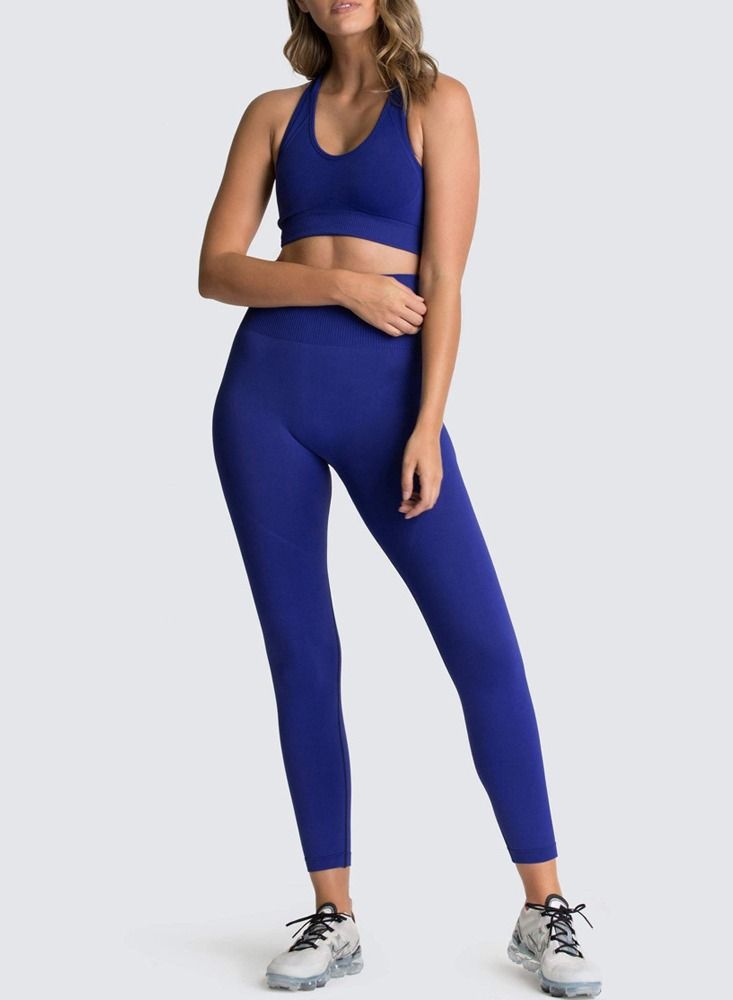 Loquat Fitness Back Bra Solid Color Sports Set Navy Blue  - Image 1
