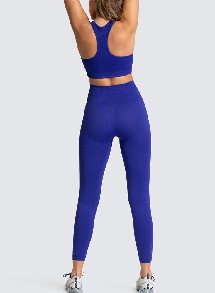 Loquat Fitness Back Bra Solid Color Sports Set Navy Blue  - Image 3