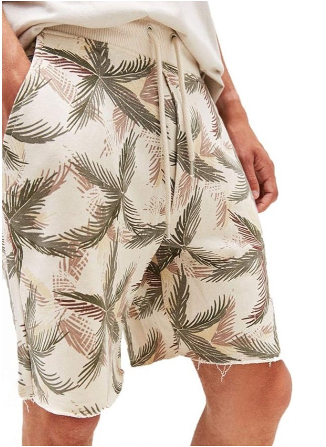 LOUD UNIVERSE Men's Cotton Bermuda Palm Design  Shorts With Drawstring – Casual Lightweight Knee-Length Summer Shorts  - Image 1