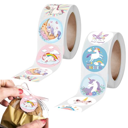 Fapiwen Unicorn Stickers, 2 Rolls Stickers, Cute Stickers, Stickers, Unicorn Self Adhesive Decoration Stickers for School Birthday Party Gift (Random Style)(1000pcs) - Image 1