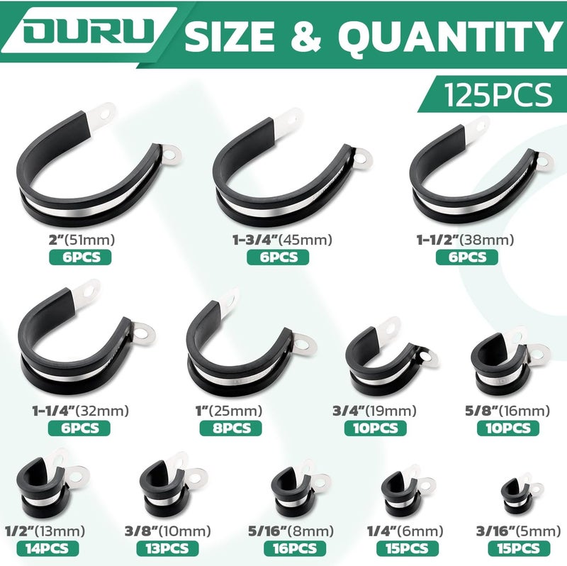 ORU 125PCS Cable Clamp,12 Sizes Stainless Steel Rubber Coated Cushioned Insulated Cable Clamps Assortment Kit-Metal Wire Clamps,Cable Clips,Pipe Clamps - Image 2