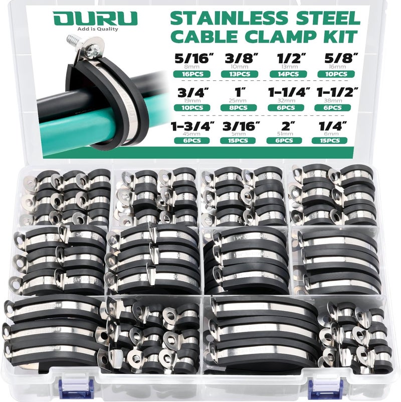 ORU 125PCS Cable Clamp,12 Sizes Stainless Steel Rubber Coated Cushioned Insulated Cable Clamps Assortment Kit-Metal Wire Clamps,Cable Clips,Pipe Clamps - Image 1