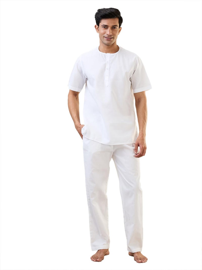 Raymond Sleepz Men Comfort Fit Solid Pattern Cotton Polyester Blend Round Neck Sleepz Kurta Set (Size: L)-AEUA00015-W0 White - Image 1