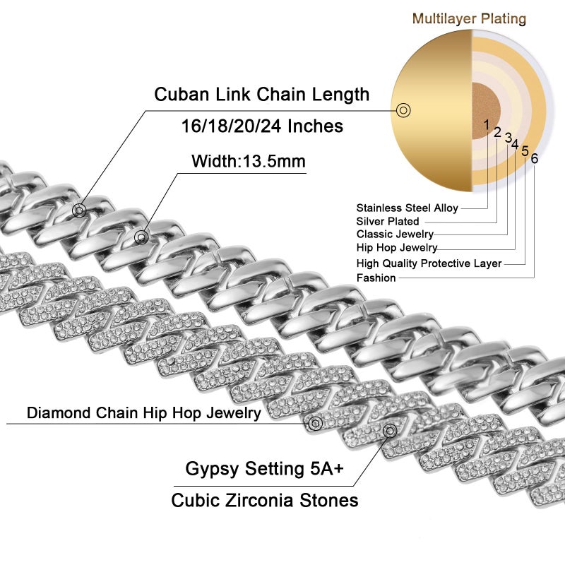Saintda Mens Cuban Link Chain Iced Out Silver Miami Cuban Necklace Bling Diamond Chain Hip Hop Jewelry with Gift Box for Women (Silver-13.5mm,24inch) - Image 3