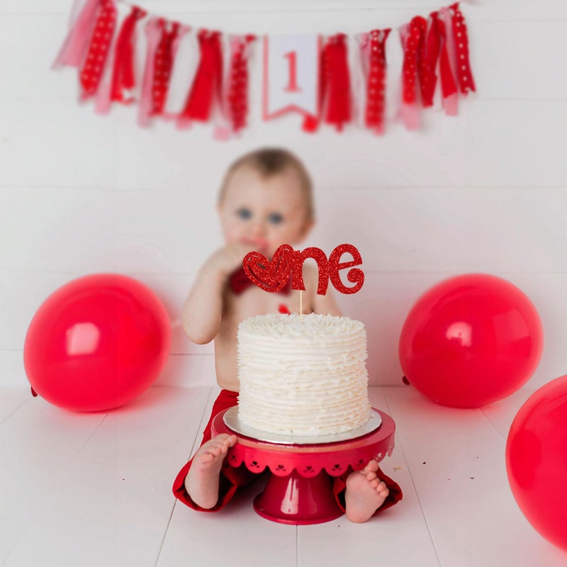 Ephlyn 1Pc Heart One Cake Topper Glitter Happy Valentine's Day First Birthday Cake Topper Decorations for Baby Shower Birthday Party Cake Decorations Supplies Red - Image 4