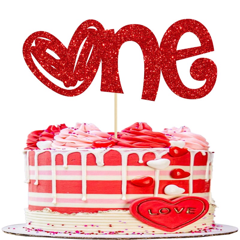Ephlyn 1Pc Heart One Cake Topper Glitter Happy Valentine's Day First Birthday Cake Topper Decorations for Baby Shower Birthday Party Cake Decorations Supplies Red - Image 1