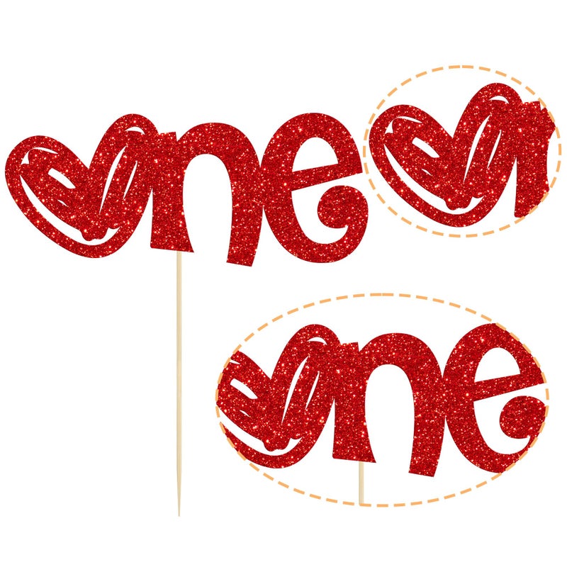 Ephlyn 1Pc Heart One Cake Topper Glitter Happy Valentine's Day First Birthday Cake Topper Decorations for Baby Shower Birthday Party Cake Decorations Supplies Red - Image 3