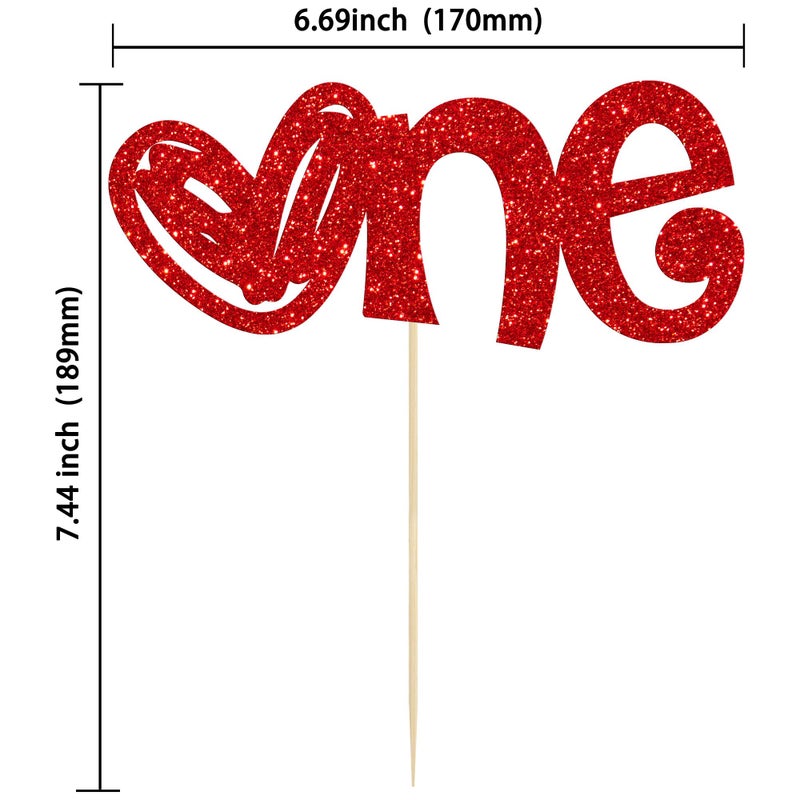 Ephlyn 1Pc Heart One Cake Topper Glitter Happy Valentine's Day First Birthday Cake Topper Decorations for Baby Shower Birthday Party Cake Decorations Supplies Red - Image 2