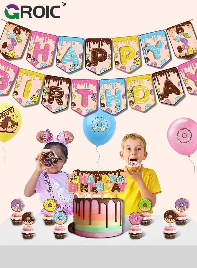 GROIC 88 Pcs Birthday Party Supplies and Decorations Pack, Doughnut Theme Decoration, Include Banners, Tablecloths, Cake Toppers, Balloons， Plates, Napkins, Ribbon - Image 4