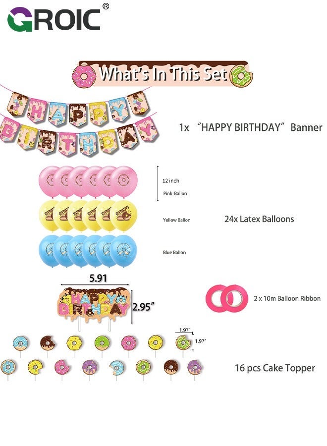 GROIC 88 Pcs Birthday Party Supplies and Decorations Pack, Doughnut Theme Decoration, Include Banners, Tablecloths, Cake Toppers, Balloons， Plates, Napkins, Ribbon - Image 2