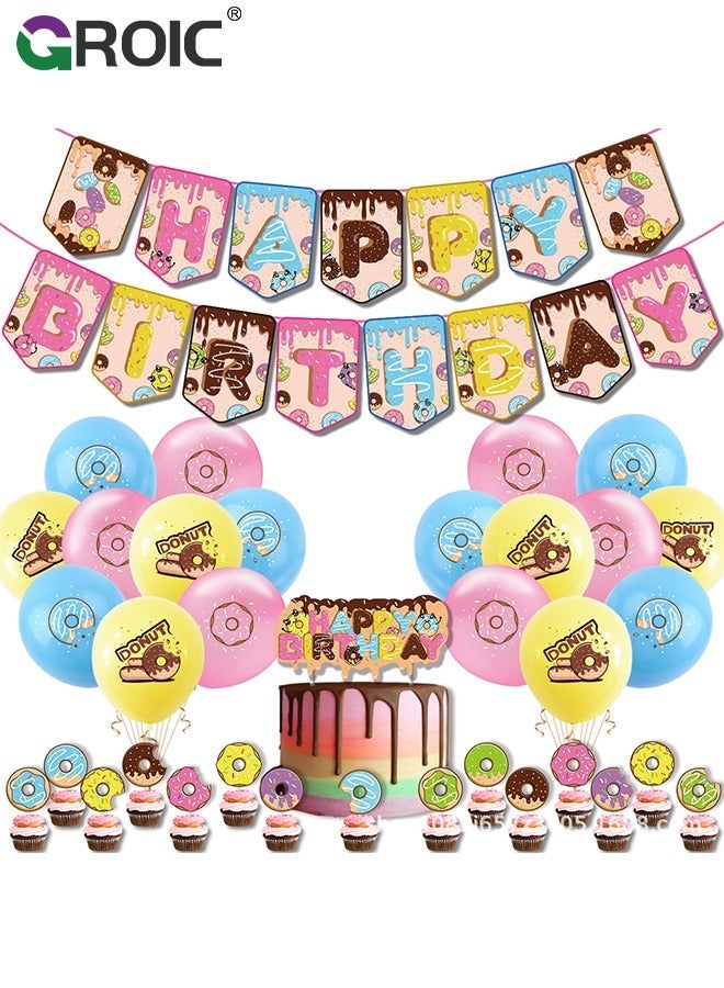 GROIC 88 Pcs Birthday Party Supplies and Decorations Pack, Doughnut Theme Decoration, Include Banners, Tablecloths, Cake Toppers, Balloons， Plates, Napkins, Ribbon - Image 1
