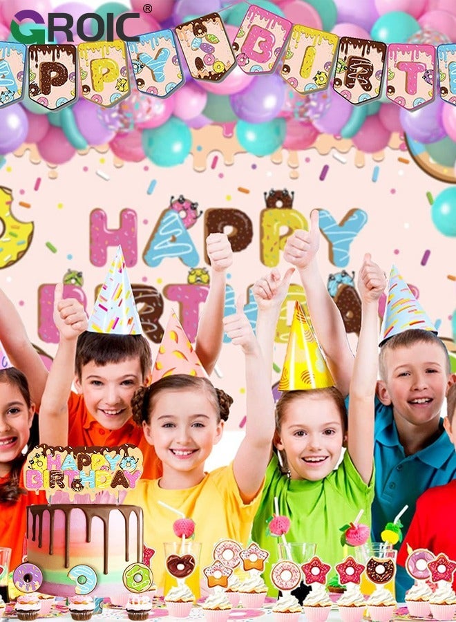GROIC 88 Pcs Birthday Party Supplies and Decorations Pack, Doughnut Theme Decoration, Include Banners, Tablecloths, Cake Toppers, Balloons， Plates, Napkins, Ribbon - Image 5