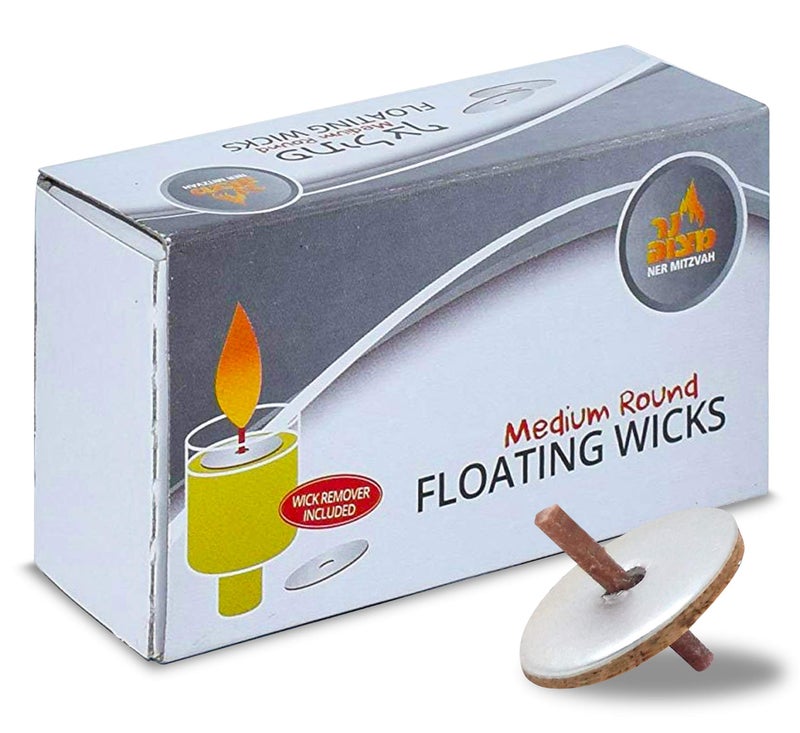 Ner Mitzvah Round Floating Wicks  50 Count Approx Medium Sized Cotton Wicks and Cork Disc Holders for Oil Cups  Bonus Wick Removal Tweezers