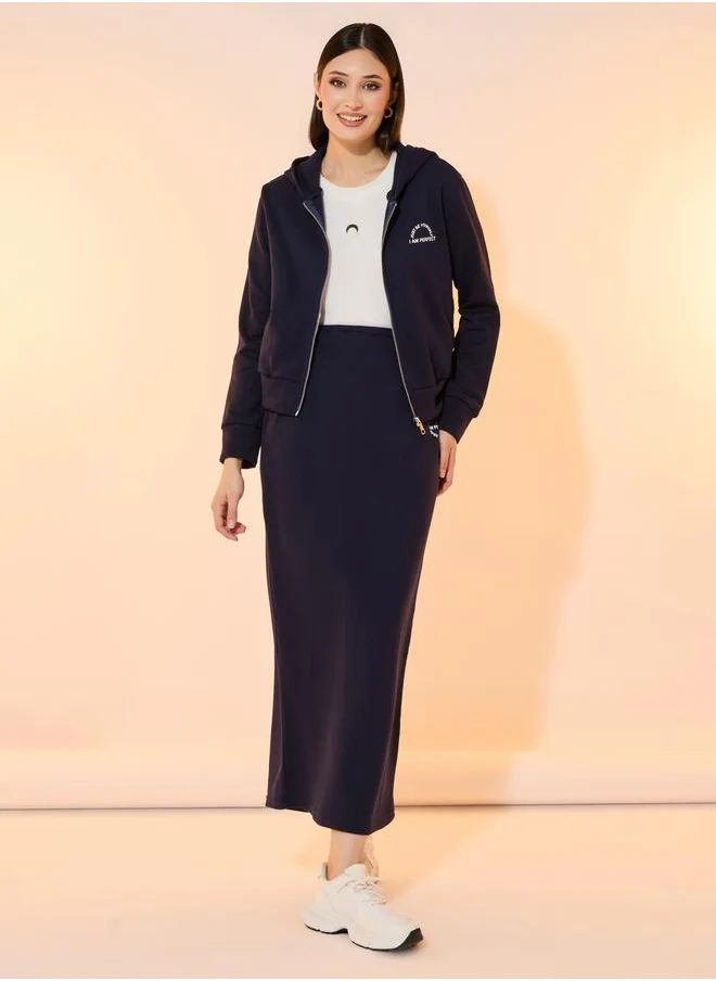 Styli Slogan Print Hooded Jacket & Maxi Skirt Co-Ords