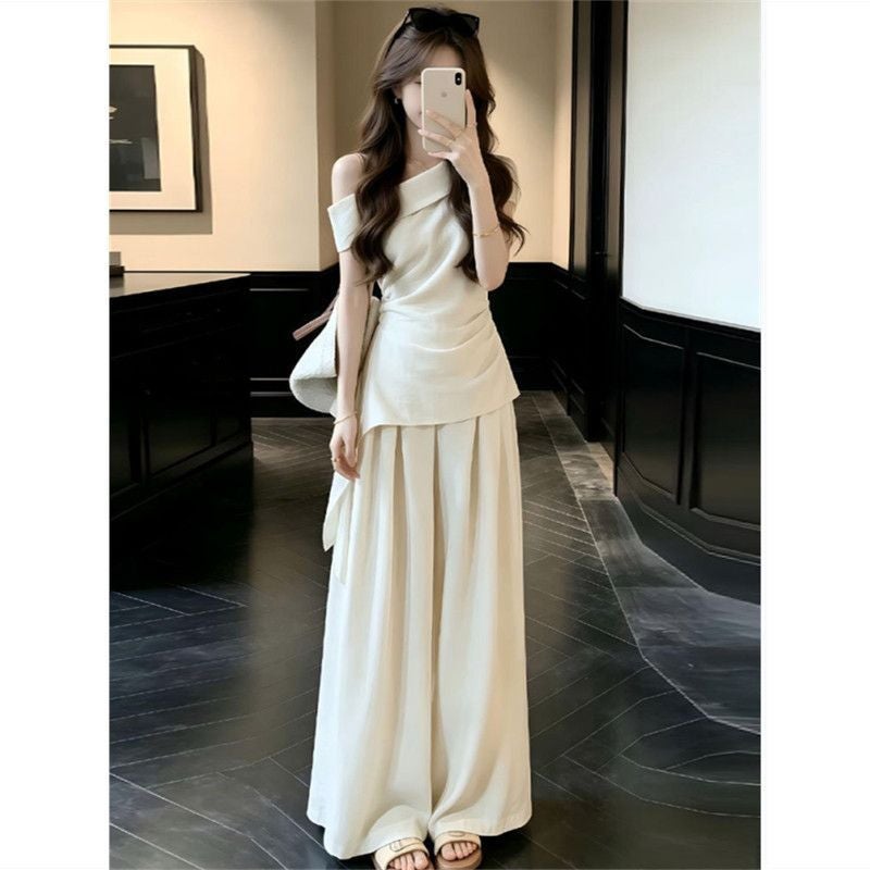 Fashion Summer Women's Set: Off-Shoulder Top with High-Waist Wide-Leg Pants - Image 2