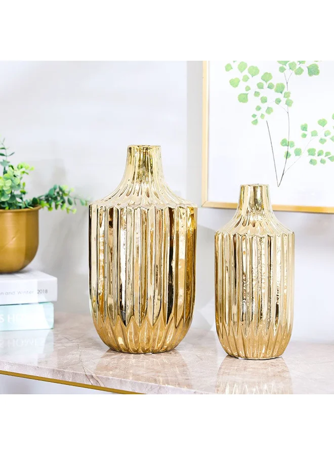Danube Home Liana Modern Home Decor  Set of 2 Vase  Decorative Vase Stoneware Pot Aesthetic Modern Luxurious Design Studio Home & Room Decor 11.7X11.7X25.5 17X17X31Cm Gold