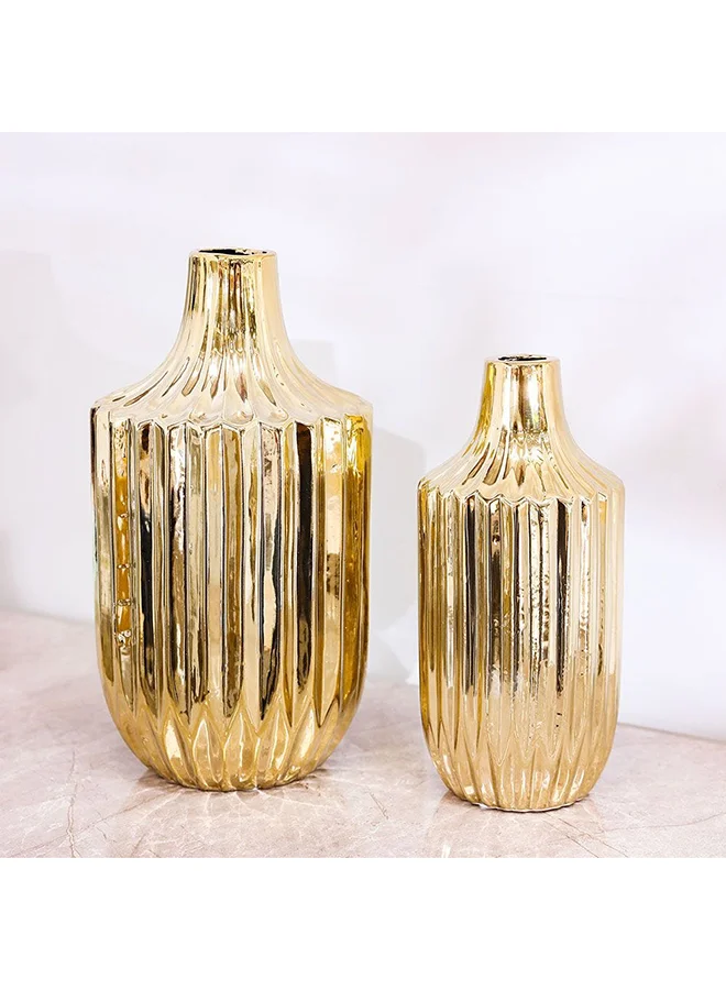 Danube Home Liana Modern Home Decor  Set of 2 Vase  Decorative Vase Stoneware Pot Aesthetic Modern Luxurious Design Studio Home & Room Decor 11.7X11.7X25.5 17X17X31Cm Gold