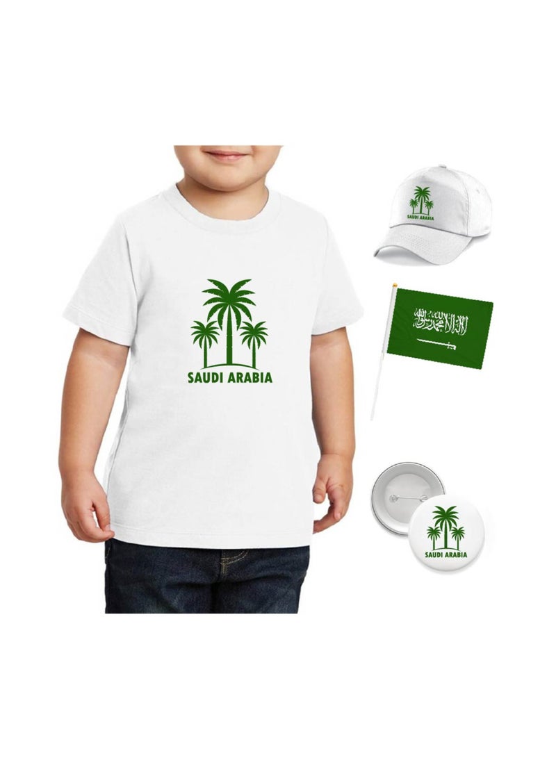 Saudi National Day T Shirt for Boys, Cap, Badge, Flag Set Celebrate Pakistan Saudi National Day with this Kids Combo Pack in Style - Image 1