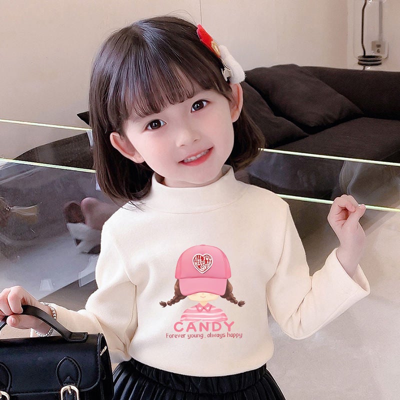 Children's Base Shirt Half-high Collar Girl's White Autumn and Winter Baby's Long-sleeved T-shirt De-velvet Base T-shirt - Image 1