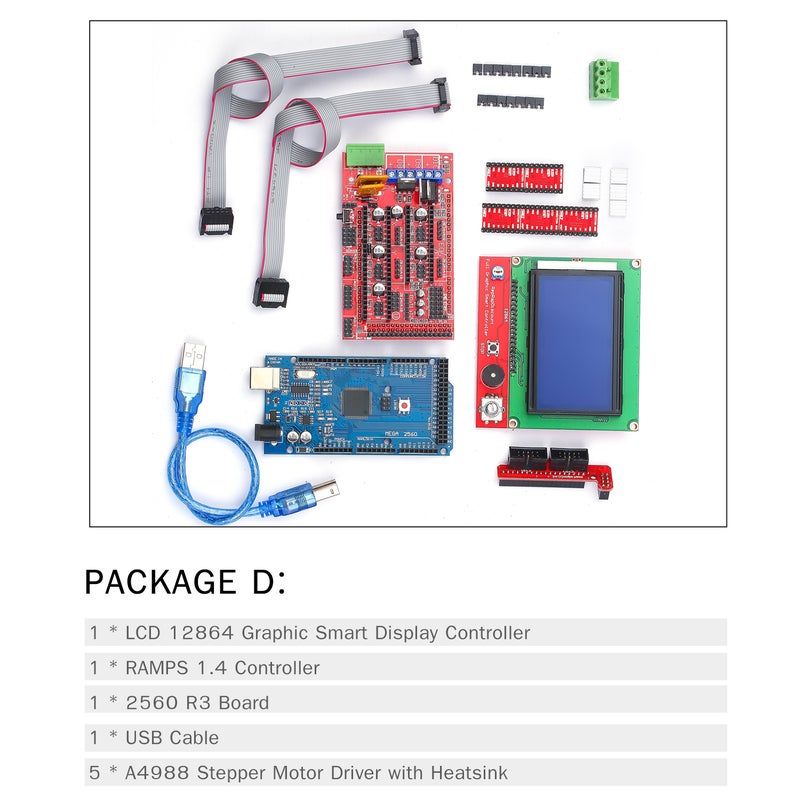 مجموعة تحكم طابعة ثلاثية الأبعاد تشمل وحدة تحكم RAMPS 1.4، لوحة 2560 R3، كابل USB، وحدة عرض ذكية رسومية LCD 12864، ومحرك خطي A4988 مع مبرد الحرارة لطابعة أو آلة النحت - Image 3