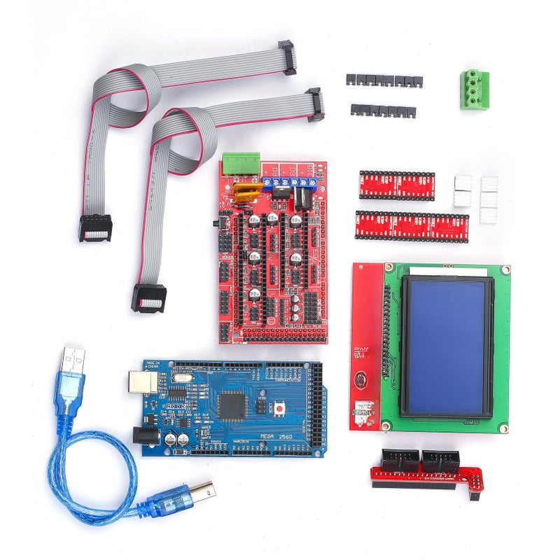 مجموعة تحكم طابعة ثلاثية الأبعاد تشمل وحدة تحكم RAMPS 1.4، لوحة 2560 R3، كابل USB، وحدة عرض ذكية رسومية LCD 12864، ومحرك خطي A4988 مع مبرد الحرارة لطابعة أو آلة النحت - Image 1