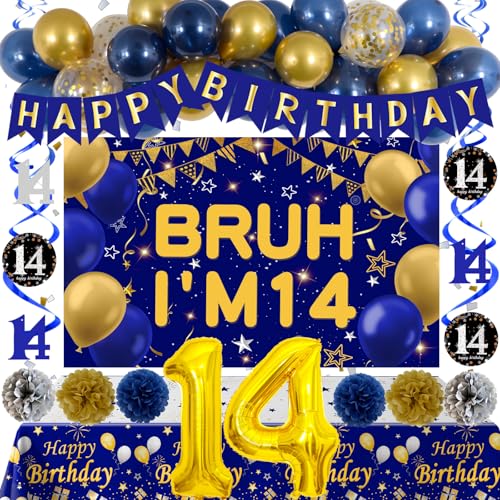 Distasio 14th Birthday Decorations for Boys Blue and Gold Happy 14th Birthday Decorations Boy Bruh Im 14 Backdrop Happy Birthday Banner Tablecover Number 14 Balloons Pompoms14 Year Old Boy Bday Party Decor - Image 1