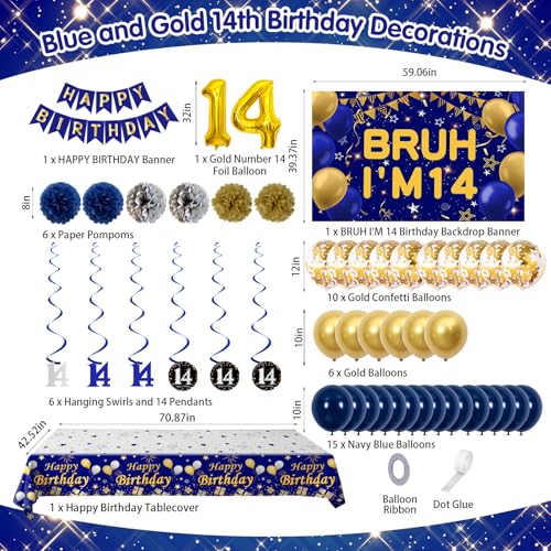 Distasio 14th Birthday Decorations for Boys Blue and Gold Happy 14th Birthday Decorations Boy Bruh Im 14 Backdrop Happy Birthday Banner Tablecover Number 14 Balloons Pompoms14 Year Old Boy Bday Party Decor - Image 5