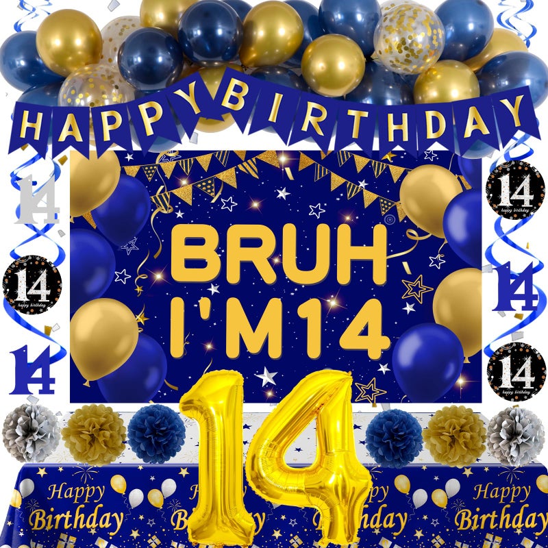 Distasio 14th Birthday Decorations for Boys Blue and Gold Happy 14th Birthday Decorations Boy Bruh Im 14 Backdrop Happy Birthday Banner Tablecover Number 14 Balloons Pompoms14 Year Old Boy Bday Party Decor - Image 3