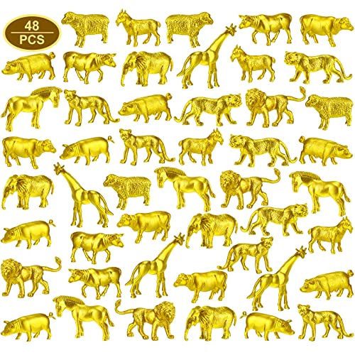 Charniol 48 Pcs Metallic Gold Plastic Animal Figurines Toys Safari Animal Figurines Zoo Elephant Lion Jungle Wild Mini Decor for Baby Shower Theme Birthday Party Cake Topper Decoration - Image 1