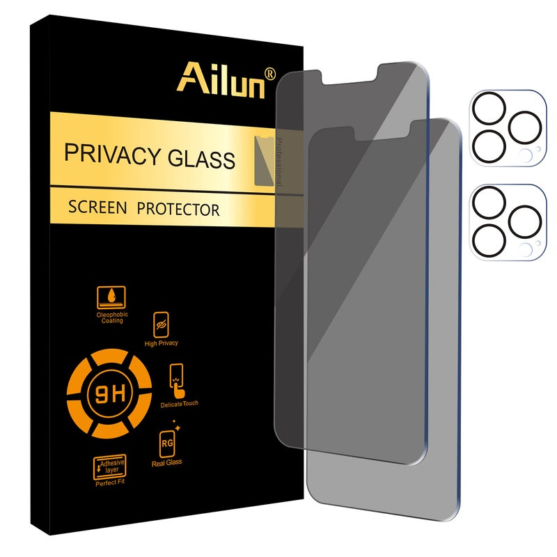 Ailun 2Pack Privacy Screen Protector for iPhone 13 Pro Max [6.7 inch] + 2 Pack Camera Lens Protector, Anti Spy Private Tempered Glass Film, [9H Hardness] - HD - Image 1