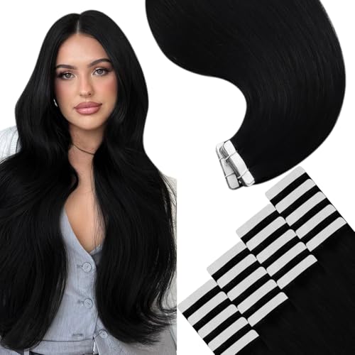 YoungSee Human Hair Tape in Extensions Black 20 Inch Tape in Hair Extensions Human Hair Jet Black Soft and Shiny Hair Extension Tape 20pcs 50g for Long Hair - Image 1