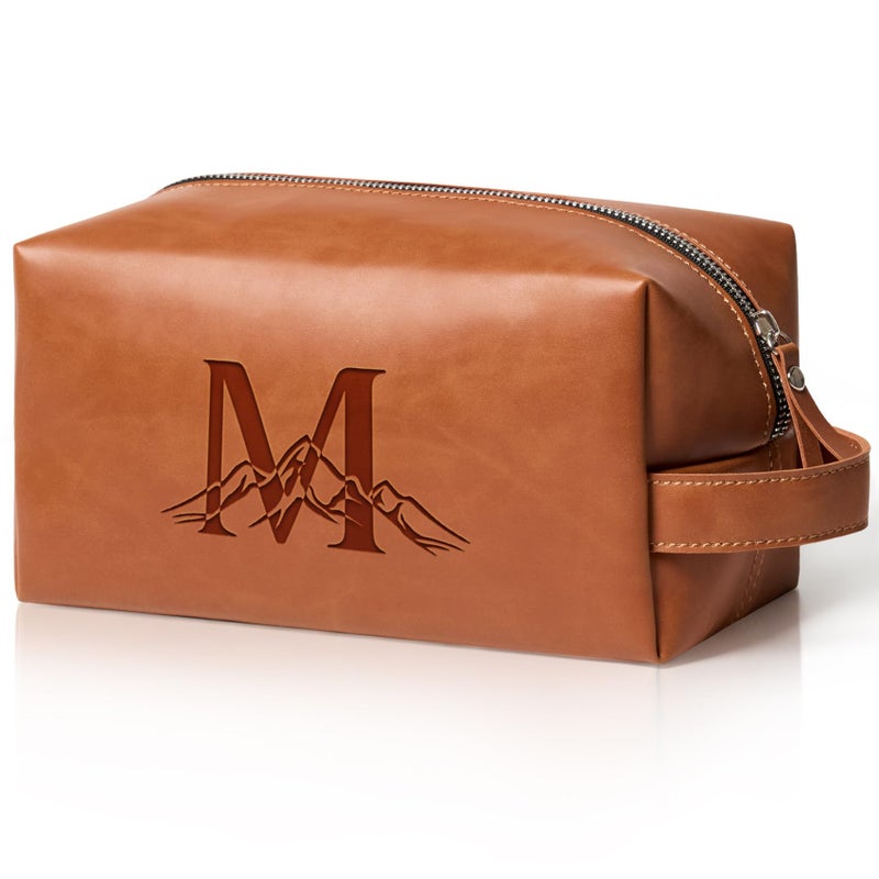 Aganmi Personalized Gifts Travel Toiletry Bag for Men Engraved Initial PU Leather Waterproof Shaving Bag for Toiletries Accessories Fathers Day Birthday Gift for Men Dad Husband Son Light Brown M - Image 2