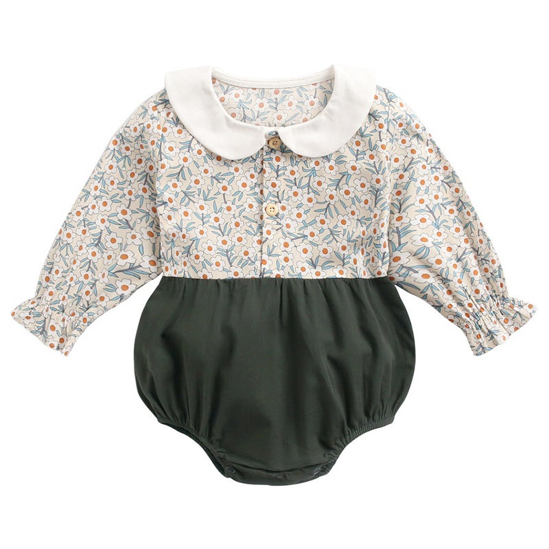 Baby clothes spring and autumn floral jumpsuit newborn long-sleeved bodysuit triangle dress winter package fart clothes ins BRW9109 Green Floral Triangle Climb - Image 1