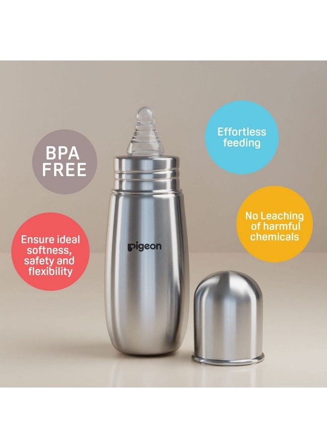 pigeon - Steel Baby Feeding Bottle For Kids Made Of Rust Free Stainless Steel Ergonomic Handle Anti Colic Nipple Slim Neck Steel Feeding Bottle 220Ml L Size - Image 1