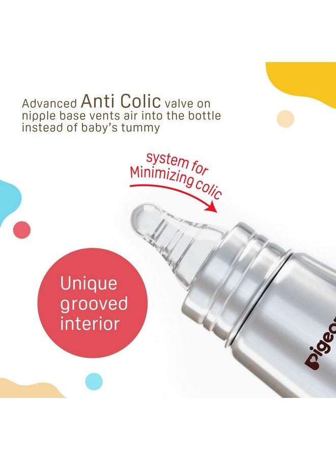 pigeon - Steel Baby Feeding Bottle For Kids Made Of Rust Free Stainless Steel Ergonomic Handle Anti Colic Nipple Slim Neck Steel Feeding Bottle 220Ml L Size - Image 1