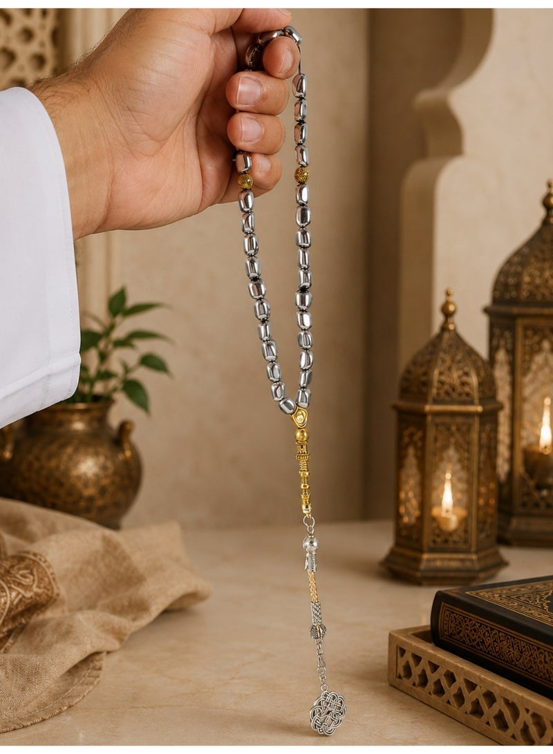 خرز الهدوء مسبحة هيماتيت سوداء من 33 خرزة، بلمعان معدني أنيق، إكسسوار يدوي للتركيز والاسترخاء، هدية فاخرة للرجال والنساء مع علبة هدايا مميزة - Image 3