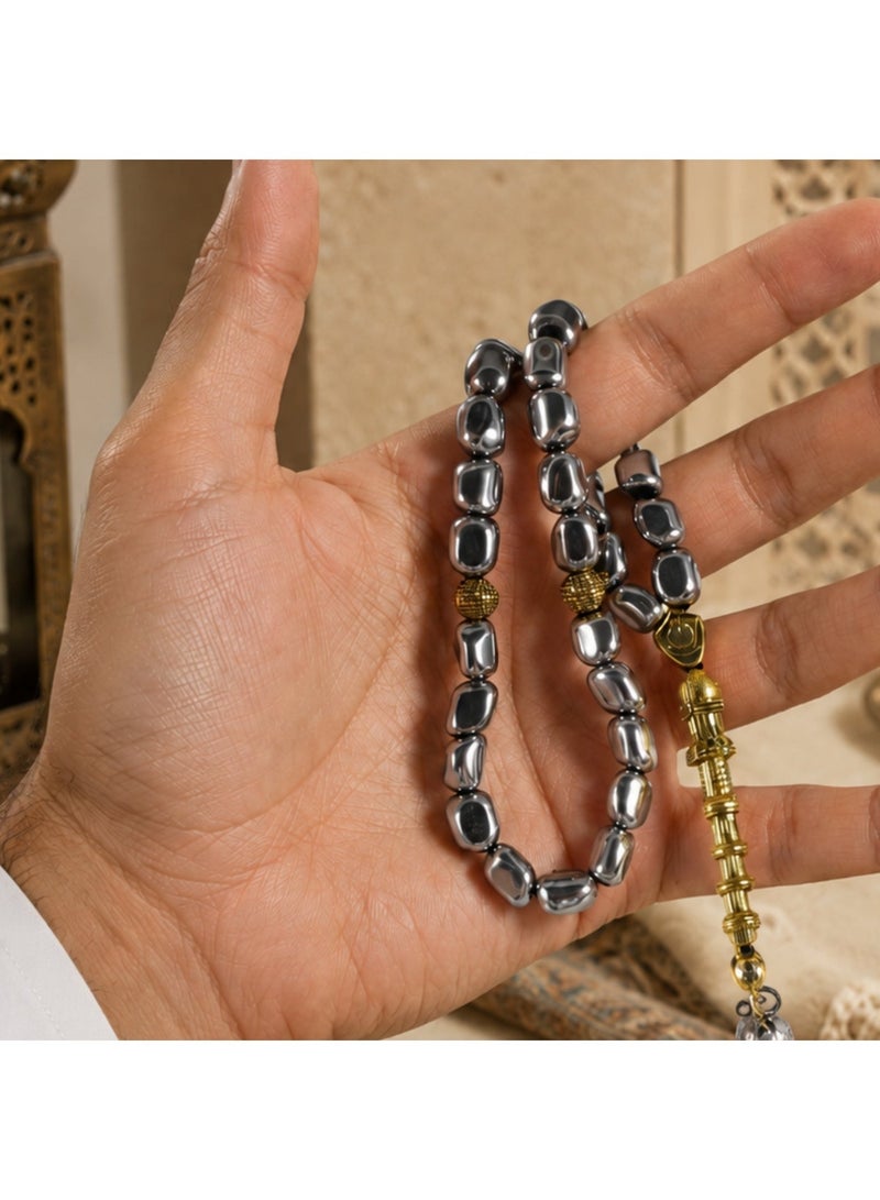 خرز الهدوء مسبحة هيماتيت سوداء من 33 خرزة، بلمعان معدني أنيق، إكسسوار يدوي للتركيز والاسترخاء، هدية فاخرة للرجال والنساء مع علبة هدايا مميزة - Image 4
