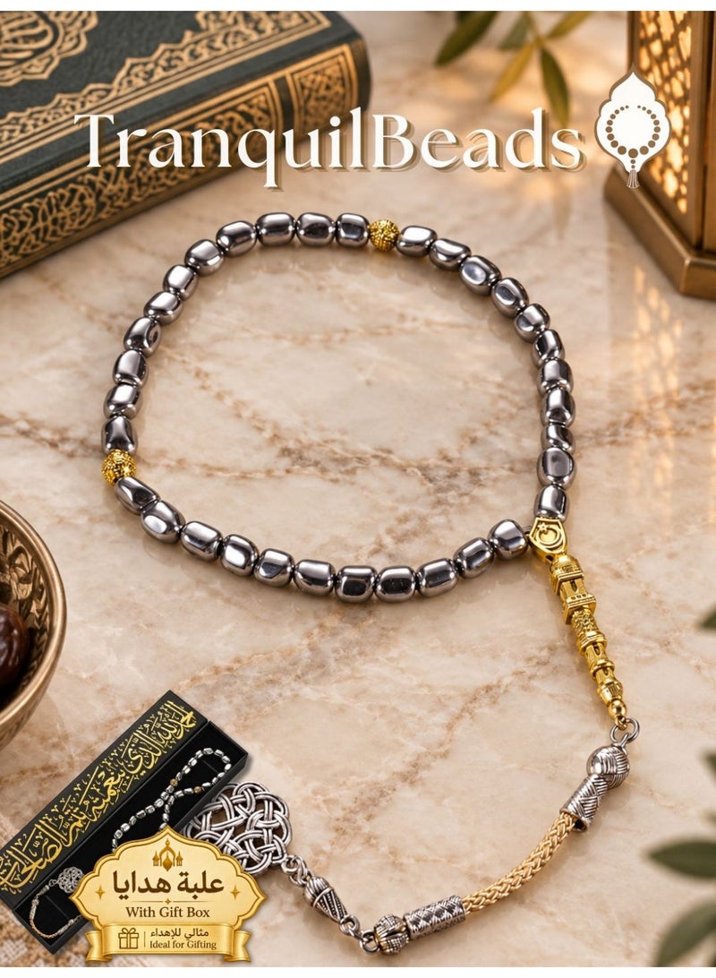TranquilBeads 1 pc 33-Bead Black Hematite Worry Beads Bracelet, Metallic Gloss Finish, Handheld Stress Relief & Focus Accessory, Elegant Gift for Men & Women, Premium Gift Box Included - Image 1