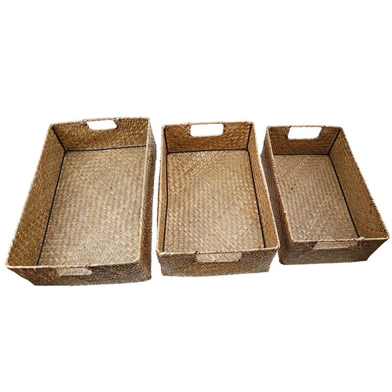 4Pcs Retro Hand-woven Seaweed Storage Basket Household Rectangular Sundries Organizer Storage Box for Home Clothes - Image 4