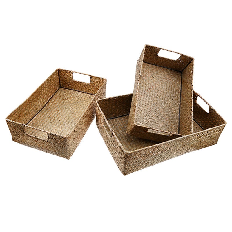 4Pcs Retro Hand-woven Seaweed Storage Basket Household Rectangular Sundries Organizer Storage Box for Home Clothes - Image 1