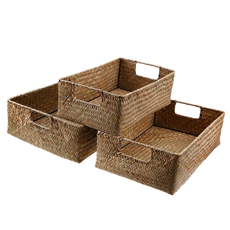 4Pcs Retro Hand-woven Seaweed Storage Basket Household Rectangular Sundries Organizer Storage Box for Home Clothes - Image 3