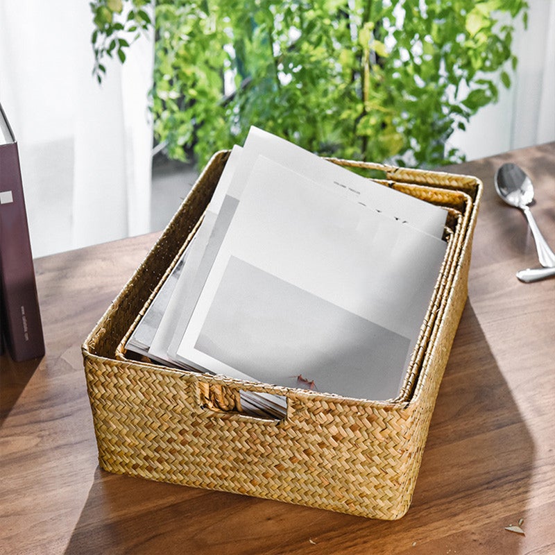4Pcs Retro Hand-woven Seaweed Storage Basket Household Rectangular Sundries Organizer Storage Box for Home Clothes - Image 5