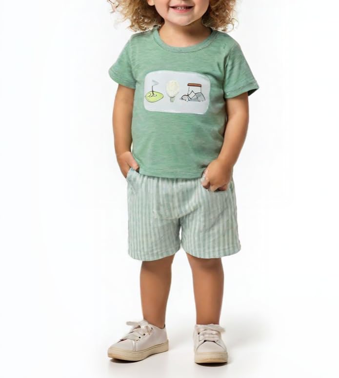 Lucikamy Toddler Baby Boy Masters Golf Outfit Short Sleeve Funny Letter Print T Shirts + Shorts Set Infant Summer Clothes (G-Light Green B, 18-24 Months) - Image 2