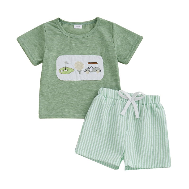 Lucikamy Toddler Baby Boy Masters Golf Outfit Short Sleeve Funny Letter Print T Shirts + Shorts Set Infant Summer Clothes (G-Light Green B, 18-24 Months) - Image 1