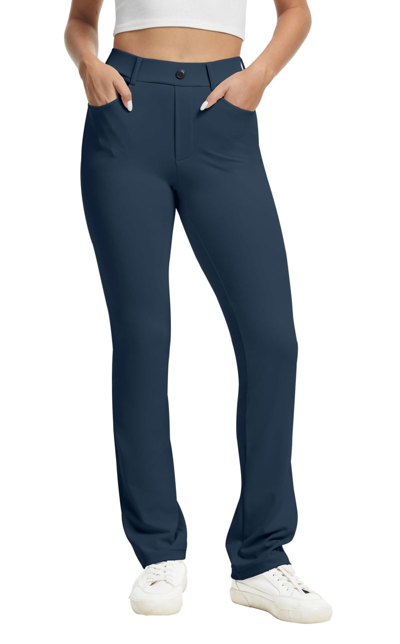 VIMPEP Yoga Pants Women Straight Leg Pants with Pockets High Waist Stretchy Pull On Dress Slacks for Casual Lounge Office Work Petite/Regular 1202 33 Navy Blue L - Image 1