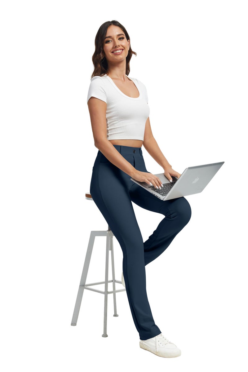 VIMPEP Yoga Pants Women Straight Leg Pants with Pockets High Waist Stretchy Pull On Dress Slacks for Casual Lounge Office Work Petite/Regular 1202 33 Navy Blue L - Image 5